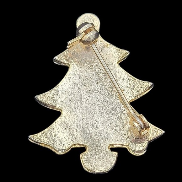 Vintage Christmas Tree Lapel Pin Brooch Gold Tone Metal Enamel Green Red 1.5" - Picture 5 of 5
